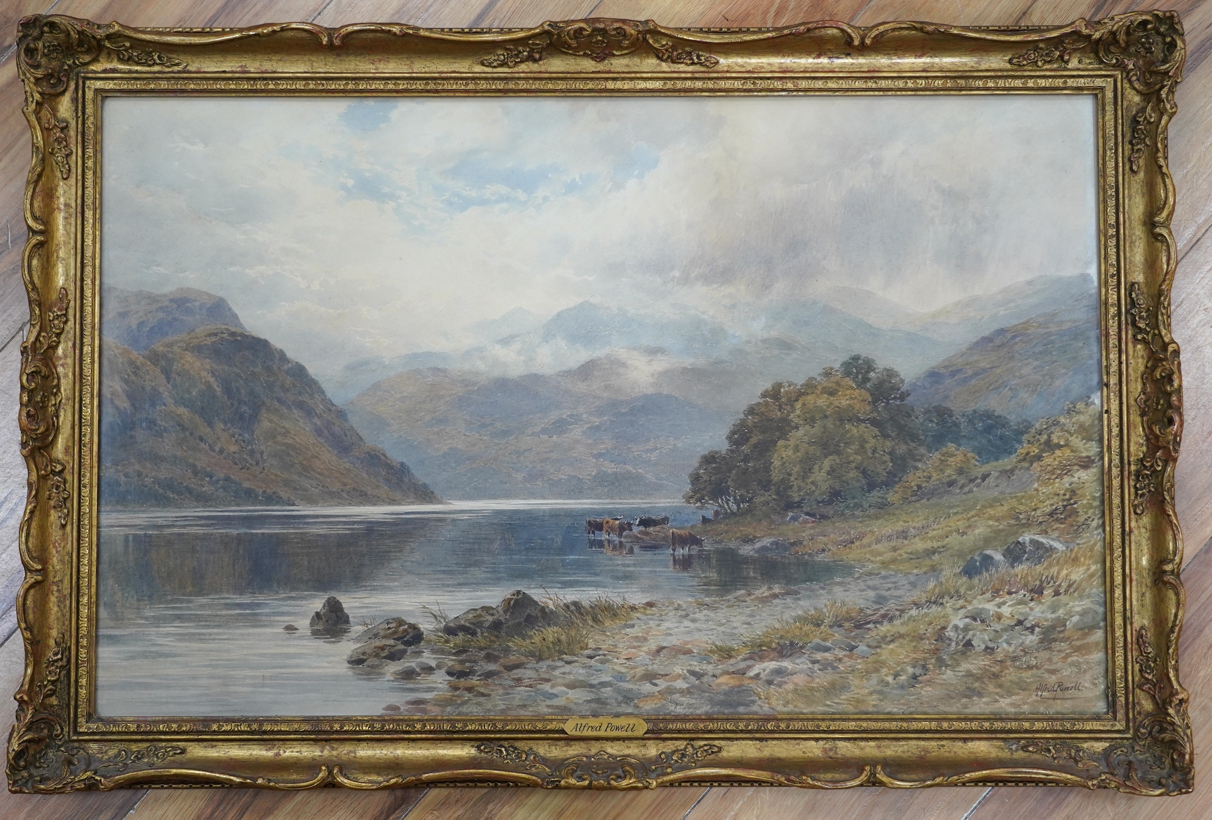 Alfred Powell (fl.1870-1901), watercolour, Cattle in a highland landscape, signed, 48 x 77cm, ornate gilt framed